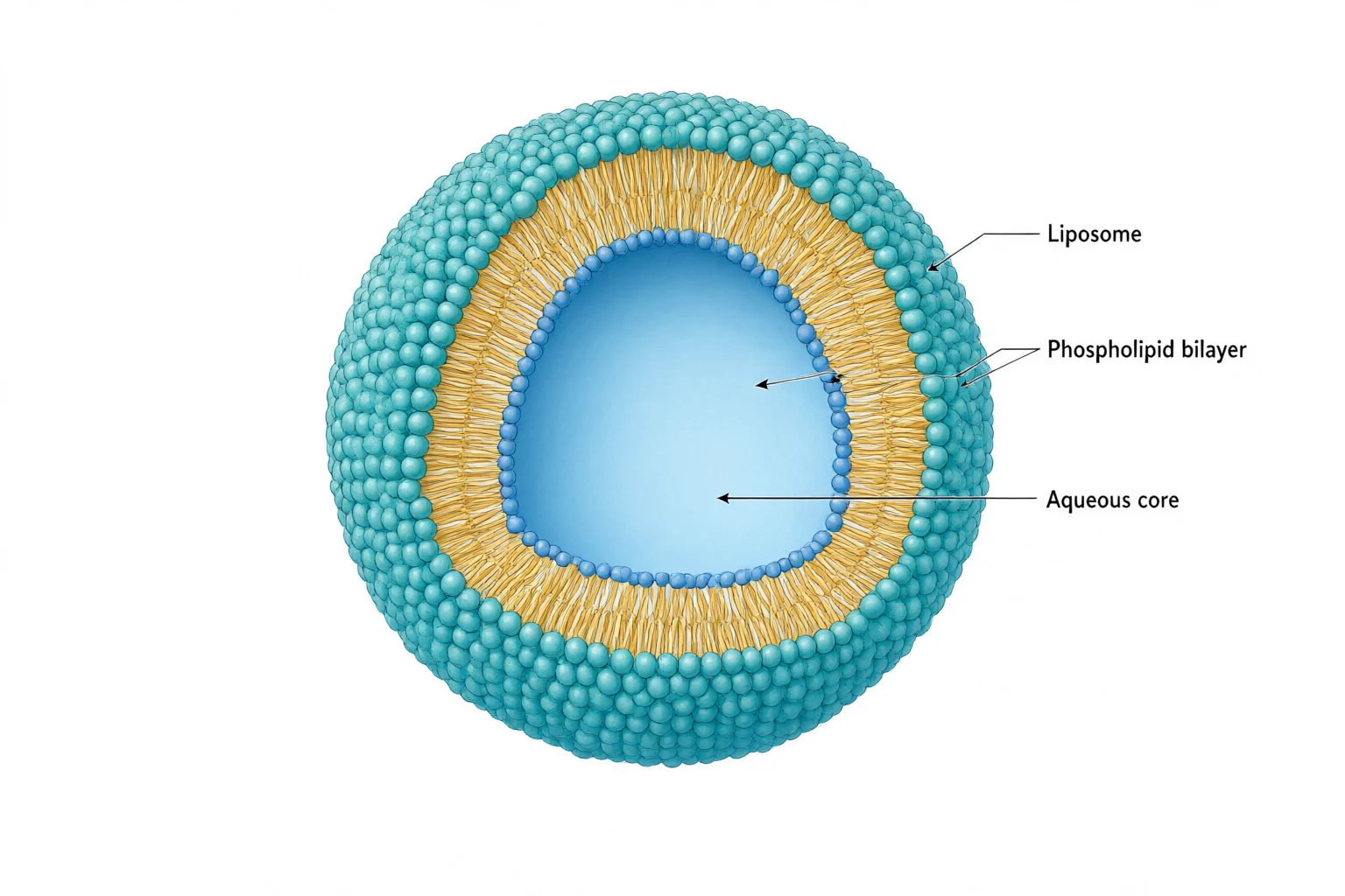 Cutaway liposome with a teal phospholipid surface, amber tails and an aqueous core, connected to three labels.