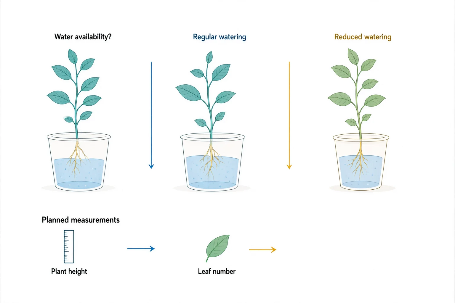 Three schematic plants under water-availability and watering labels, with a ruler and leaf representing planned measurements.